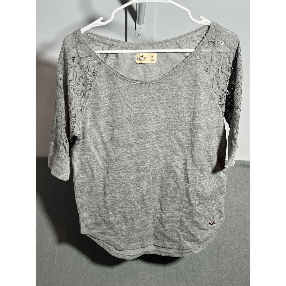 Hollister Women's Gray Lace Raglan Sleeve Pullover Top Size M Medium